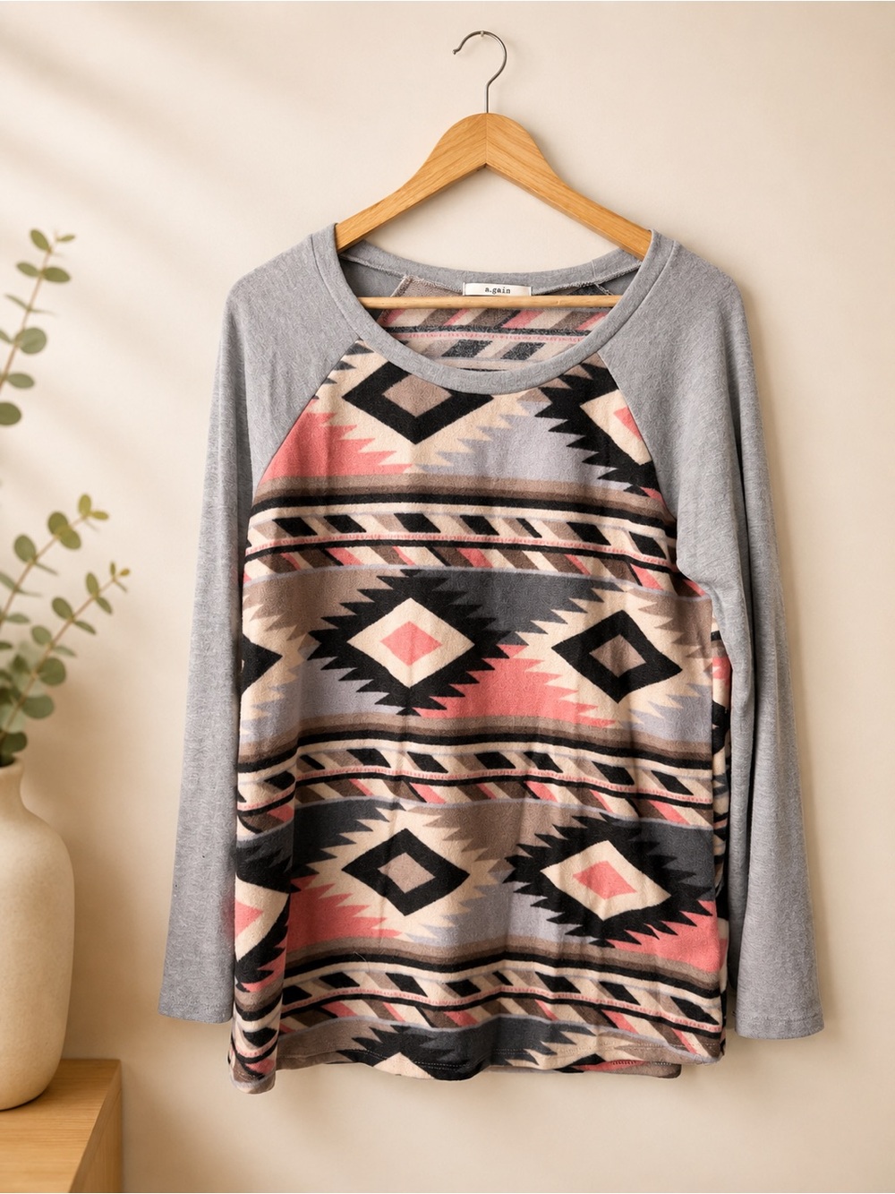 A.gain Grey Aztec-Print Pullover Top Size L